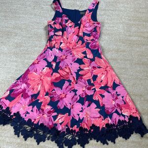 Donna Ricco Floral Fit Flare Dress Womens 6 Navy Pink Sleeveless Lace Trim
